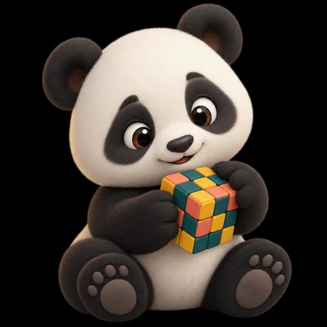 A curious panda cub playing with a colorful puzzle cube